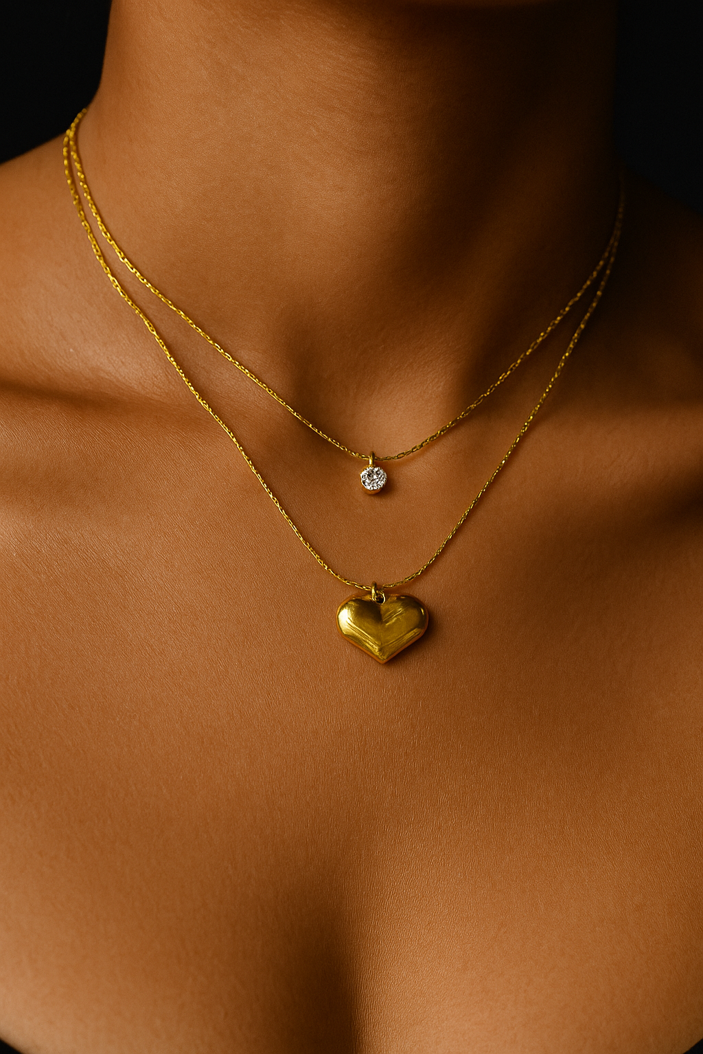 Solitaire Zircon Heart Layered Necklace
