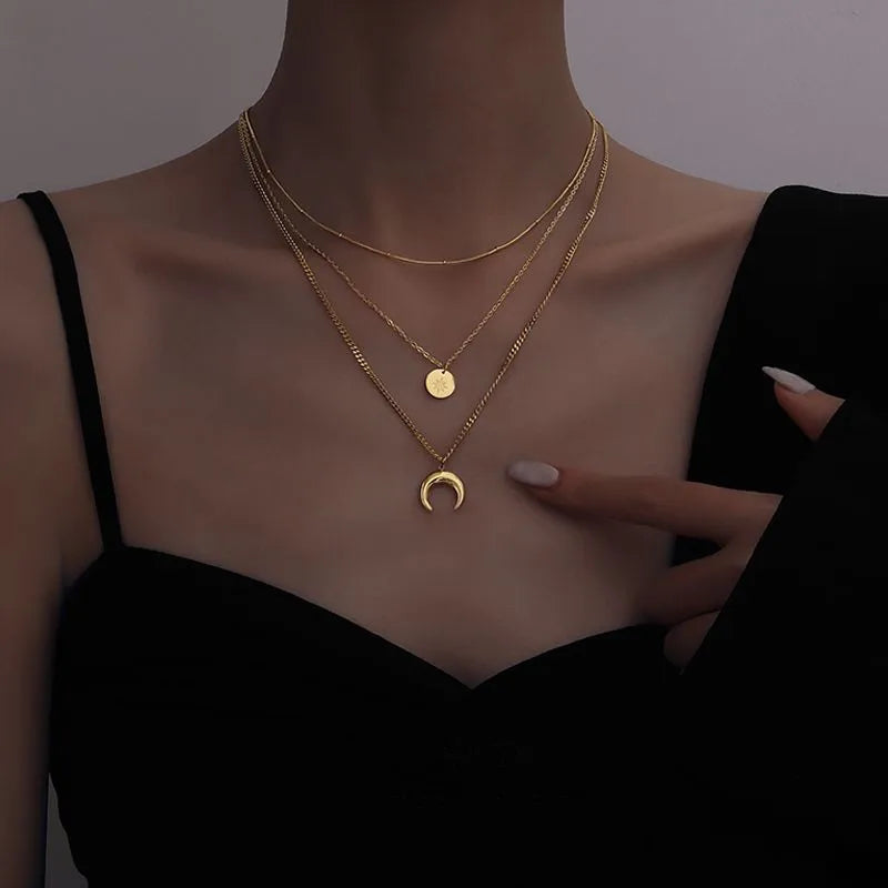 Triple layer inverted moon necklace